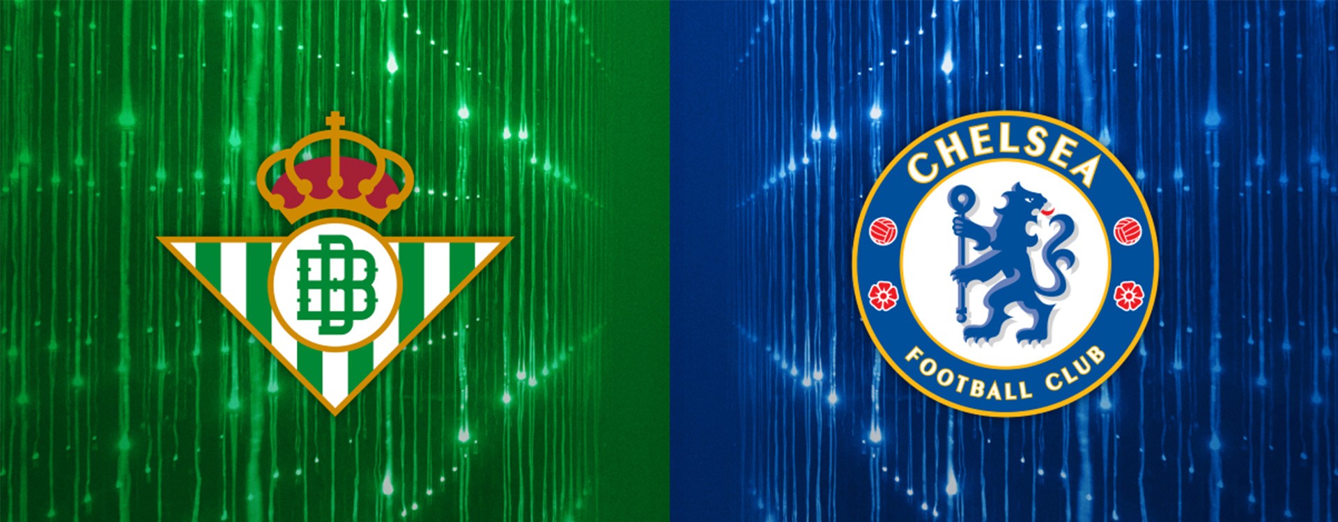 Logos von Real Betis und Chelsea FC vor grün-blauem Hintergrund.